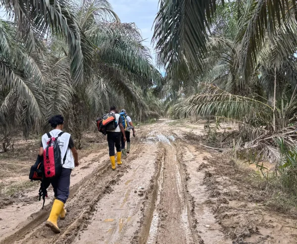 El equipo de MSF viajó a pie a zonas de difícil acceso durante una evaluación en el distrito de Aceh Tamiang, Indonesia.